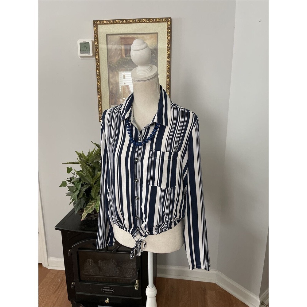 No Boundaries Women's Long Sleeve Top Blue & White M Stripe Tie Front Drawstring